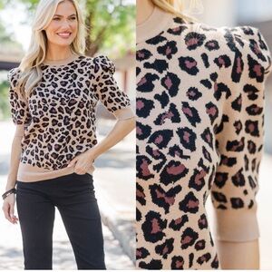 Vine & Love Leopard Print Short Puff Sleeve Sweater Large Brown Tan Animal Chic